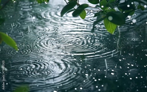 Tranquil Raindrop Ripples on Water Surface