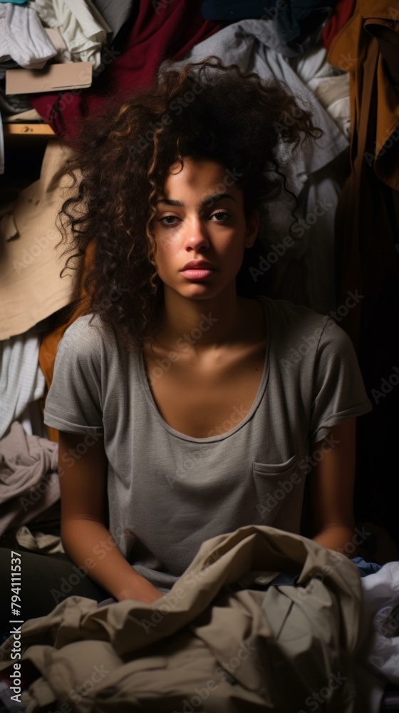 b'Young woman surrounded by clothes'