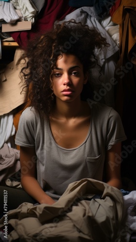 b'Young woman surrounded by clothes'