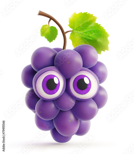 Grapes cartoon character with a green leaf on white background