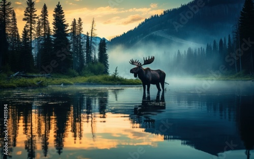 Mystical Morning Moose by the Lake © Muh