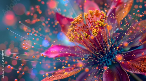 A single, oversized stamen bursting with colorful pollen grains, rendered in a bold and graphic style, creating an abstract and eye-catching composition, suitable for a science magazine cover.   photo