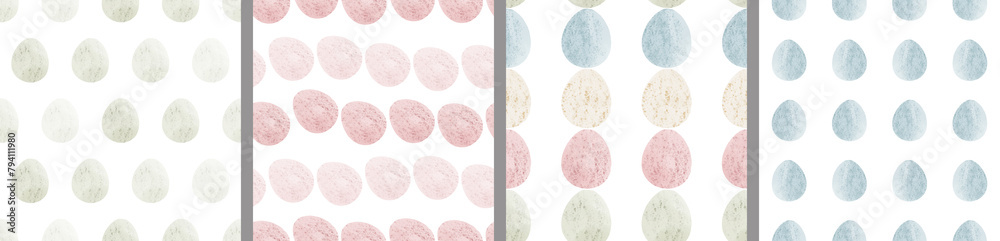 Watercolor set of seamless patterns. Collection of hand drawn pastel Easter eggs Watercolor set of seamless patterns. Collection of hand drawn pastel Easter eggs