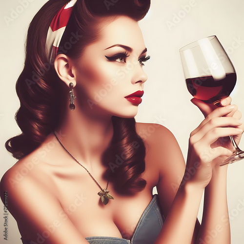 Pin Up Woman with Wine. Vintage Girl with glass of wine.