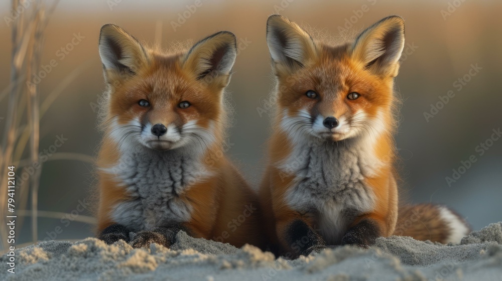 b'Two red foxes sitting on the sand'