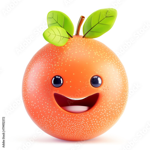 Cheerful grapefruit character with a beaming smile and green leaves, on a white background
