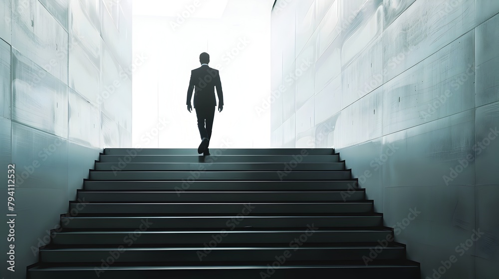 Determined Businessman Climbing Modern Stairs: Symbol of Ambition and Corporate Progress Determined Businessman Climbing Modern Stairs: Symbol of Ambition and Corporate Progress
