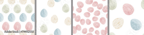 Watercolor set of seamless patterns. Collection of hand drawn pastel Easter eggs