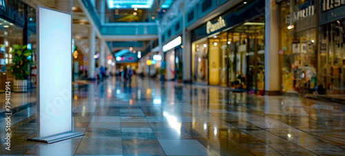 A large empty mall with a white sign in the middle