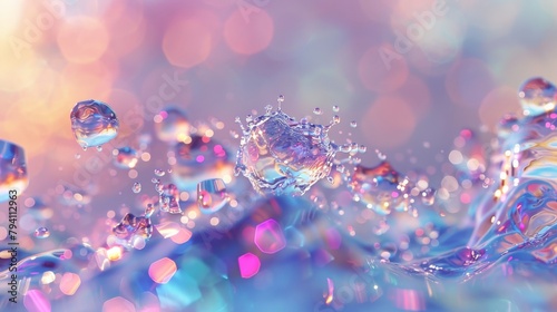 A splash of water frozen in mid-air, droplets forming abstract shapes and reflecting light in a kaleidoscope of colors, perfect for a water purification company ad.