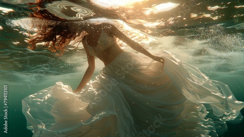 An ethereal underwater photoshoot of a woman in a white dress photo