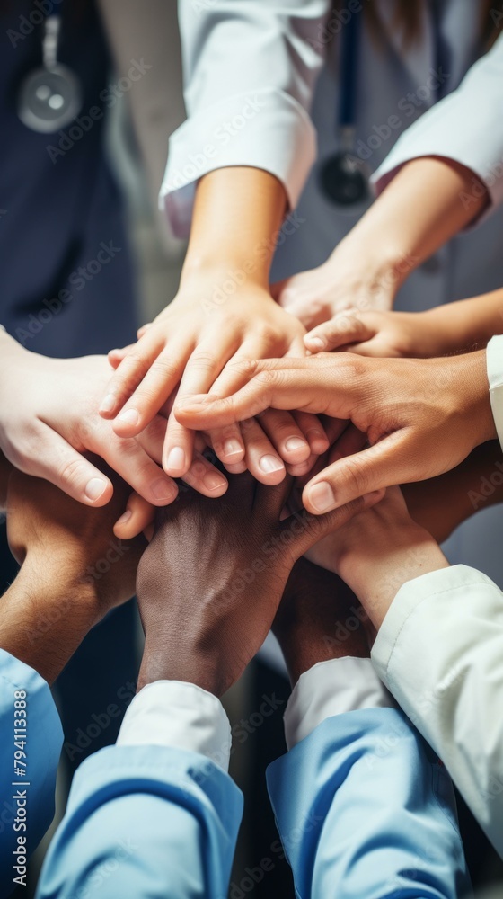 b'Multiracial group of doctors joining hands together' b'Multiracial group of doctors joining hands together'