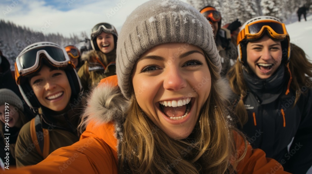 b'A group of friends on a skiing trip take a selfie together.'