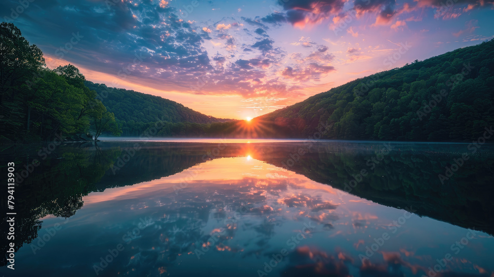 A calm lake that reflects the enchanting colors of the sunrise, surrounded by dense forests in spring