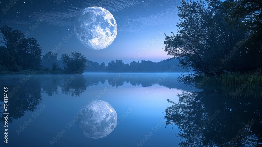 Naklejka premium Moon: A serene photo of the moon reflected in a still pond