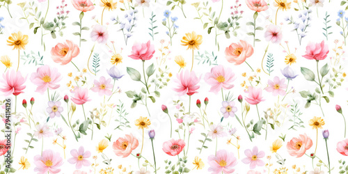 Colorful retro flowers meadow seamless pattern.