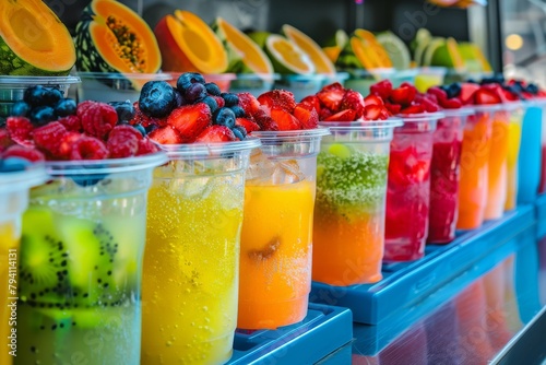 summer cool slush or smoothie iced fruit juice dispenser machine for refreshing chilled drinks in multi colored containers, photography 