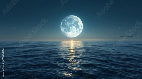 Moon: A peaceful illustration of the moon rising over a calm ocean #794114176