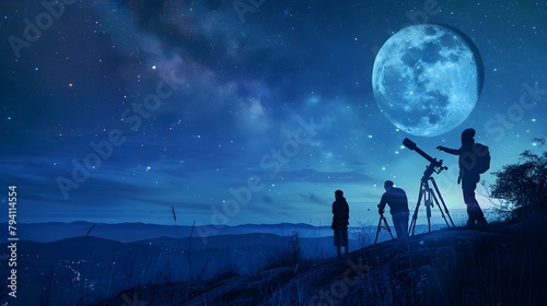 Astronomers Studying the Moon with Telescopes on a Mountain Ridge - Generative AI