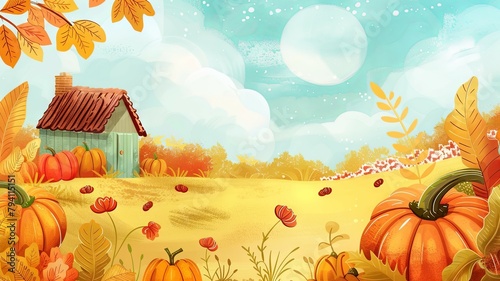 Charming Autumn Harvest Festival Wallpaper with Rustic Farmhouse Pumpkins and Vibrant Fall Foliage