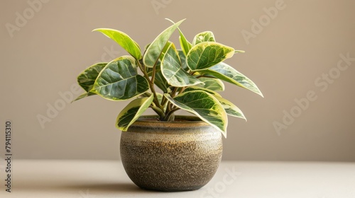 b'A beautiful variegated Ficus triangularis plant in a ceramic pot.' photo