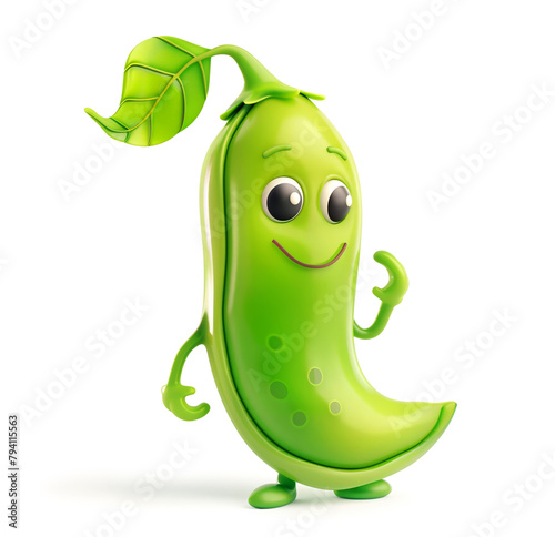 Friendly green pea pod character with a leaf isolated on white