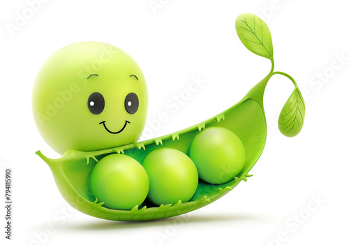 Smiling pea nestled in its pod with a sprouting leaf on white background