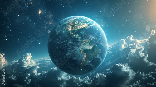 Planet: A photograph of Earth, showing its blue oceans, white clouds, and green continents