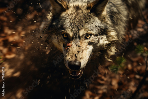 Aerial view of a wolf chasing its prey in a North American forest, dynamic action shot, illustrating the food chain and survival tactics