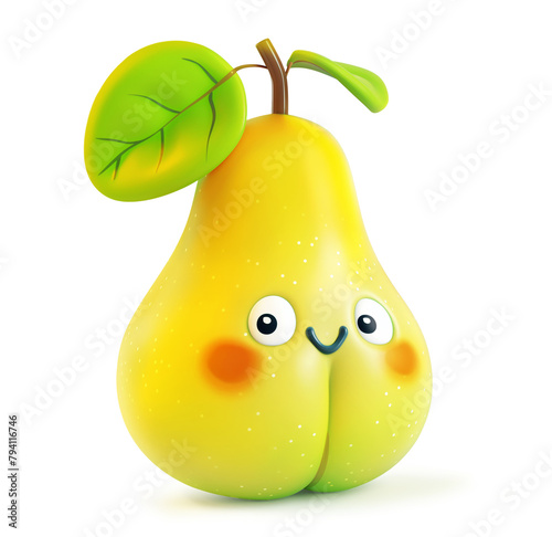 Blushing anthropomorphic pear with a cheerful face isolated on white