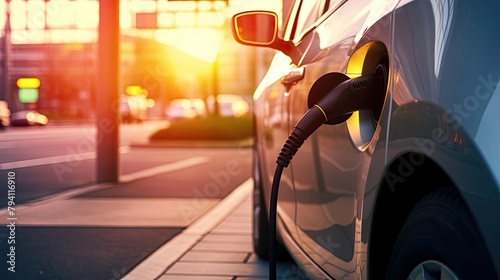 Dynamic image of an electric vehicle at a charging station during sunset, cable connected and power flow visible, emphasizing ecofriendly transportation