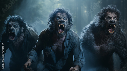 Transformation of a man into a werewolf, sequence of images, dramatic and dark forest setting, horror and fantasy theme