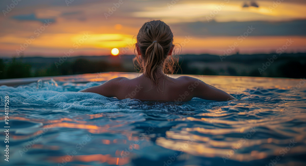 Woman relaxing in infinity pool overlooking sunset and mountains
