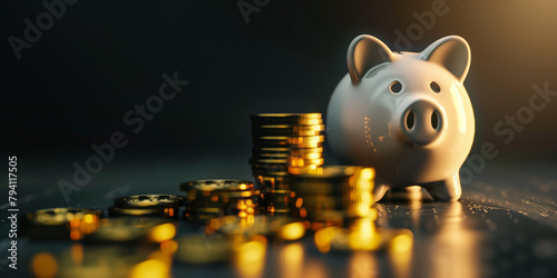 Piggy bank with gold coins banner. savings and investment financial wealth fund concept.