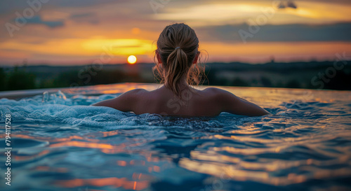 Woman relaxing in infinity pool overlooking sunset and mountains © Mr. Stocker