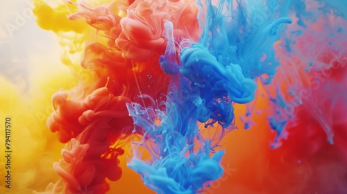 Colorful ink bleeding and diffusing in water, the vibrant hues swirling and mixing in an abstract dance, suitable for a creative writing workshop poster.