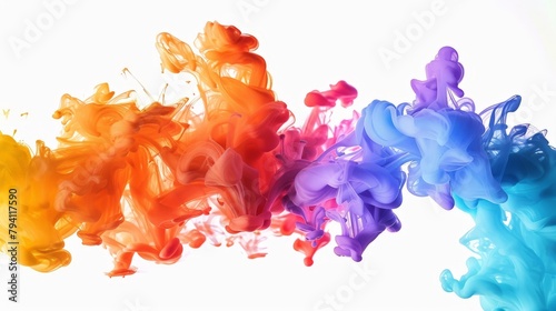 Colorful ink bleeding and diffusing in water, the vibrant hues swirling and mixing in an abstract dance, suitable for a creative writing workshop poster. photo