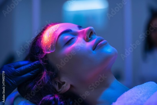 Laser hair therapy session, non-invasive treatment, hair density improvement, clinical setting photo