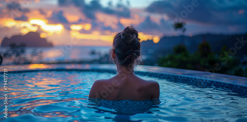 Woman relaxing in infinity pool overlooking sunset and mountains