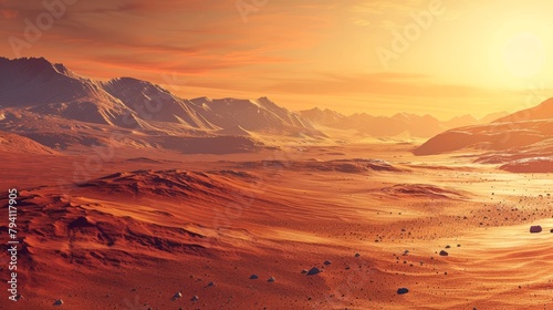 Wide panorama of mars - the red planet - landscape with mountains and impact crater during sunrise or sunset - 3D illustration. High quality photo © AminaDesign