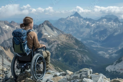 A hiker with a mobility aid enjoying the summit view, adventure and accessibility © DK_2020