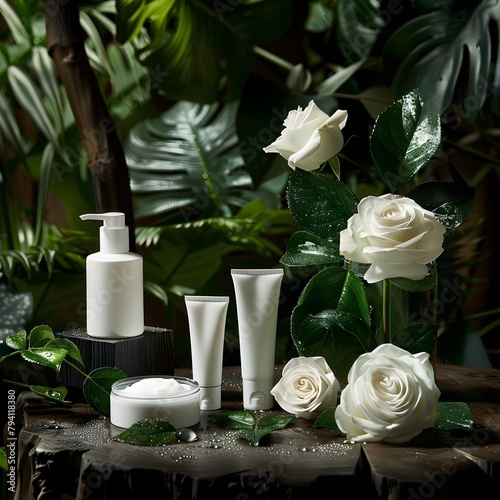 Mock up of natural beauty products arrangement. White cosmetic bottles and cream tubes with green leaves on natural light,  dark green background. Organic cosmetic products concept. white roses. 