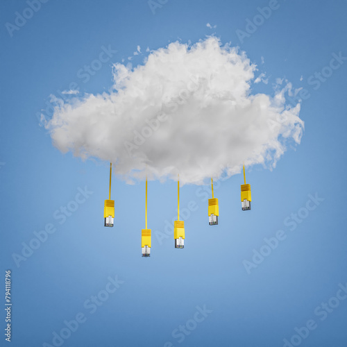 3D render: Cloud Computing Disruption Concept - Five yellow ethernet cables hanging from a cloud. Blue sky background.