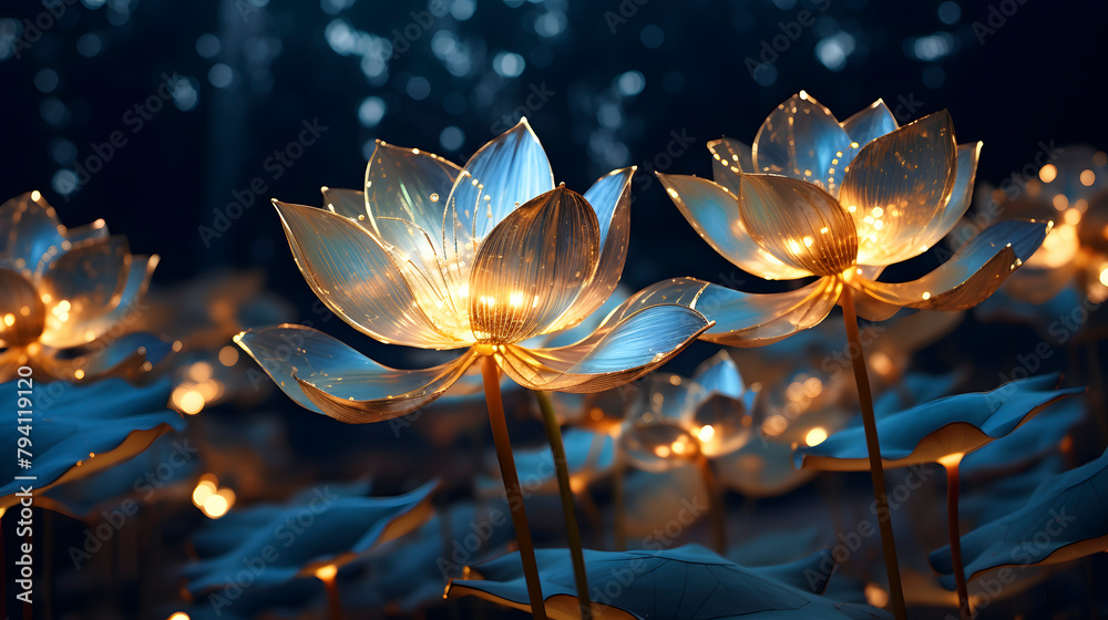 Digital technology golden lotus flowers with sparkling petals abstract graphic poster web page PPT background