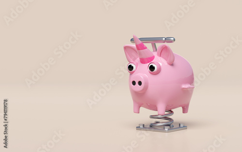 Playground piggy bank spring rider isolated on pink background. 3d render illustration