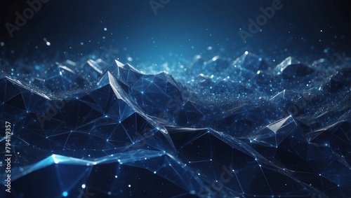 Abstract Sapphire Blue Digital Background with Shimmering Sapphire Light Particles and Regions with Endless Depths. Particles Form into Lines, Surfaces, and Grids. photo