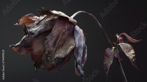 photo of a wilting flower, its drooping petals and decaying form creating an abstract study of impermanence, suitable for a conceptual art exhibit. photo