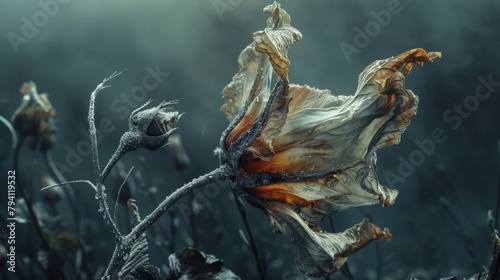 photo of a wilting flower, its drooping petals and decaying form creating an abstract study of impermanence, suitable for a conceptual art exhibit. photo