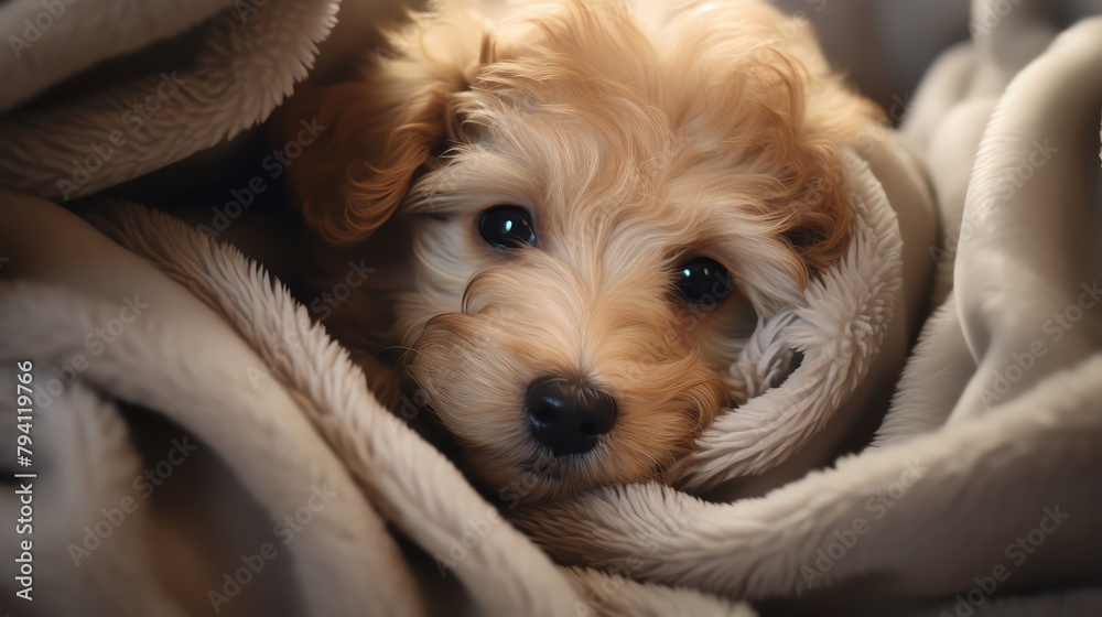 An adorable puppy wrapped in a fluffy fur blanket, looking cozy and warm, perfect for themes of comfort and pet care An adorable puppy wrapped in a fluffy fur blanket, looking cozy and warm, perfect for themes of comfort and pet care
