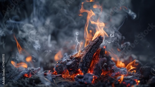 Smoke from a bonfire slowly rising and swaying in the night air, illuminated by flickering flames, suitable for a camping equipment ad.